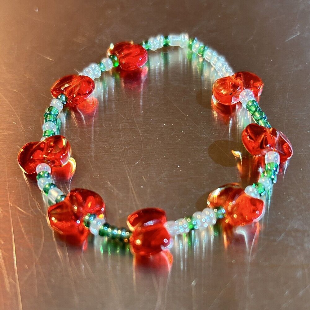 Vintage Red, Green & Clear Glass Beads Bracelet - Elastic Stretch
